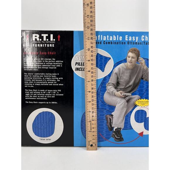 Vtg 90s Y2K Inflatable Chair Ottoman Pillow Adult Teen Blue Wave Groovy Retro - Picture 10 of 11